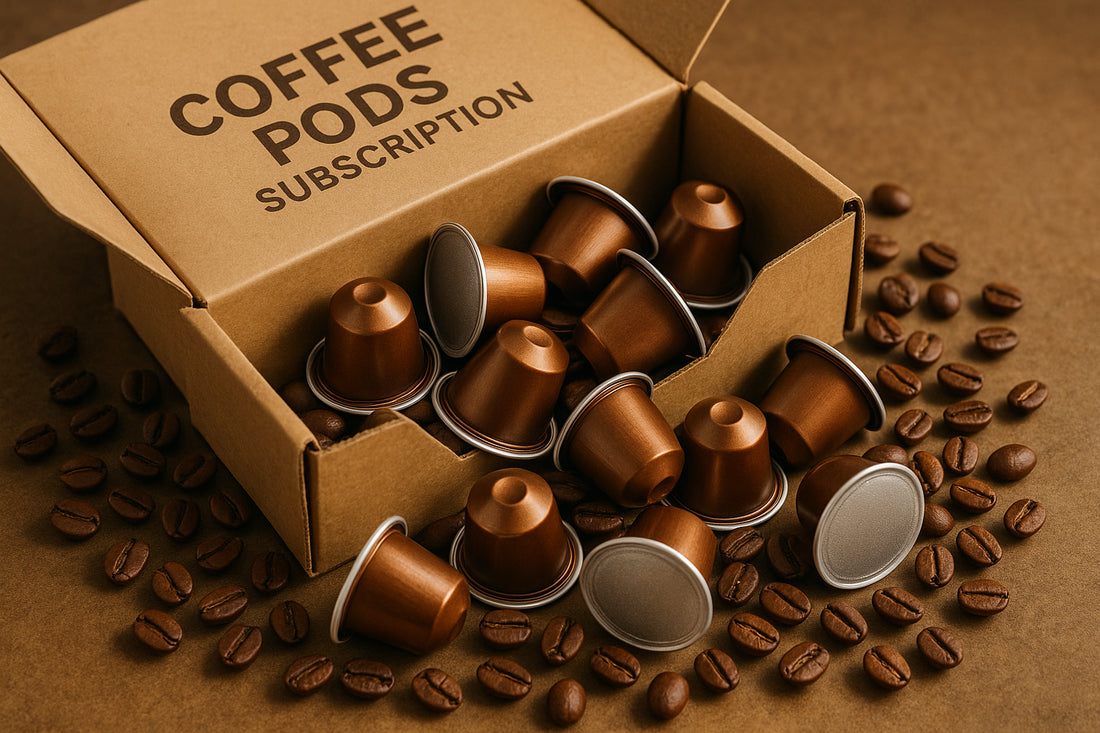 Close-up image showing freshly roasted coffee pods spilling out of an open subscription box. Alt: Fresh coffee pods delivered by a coffee pod subscription box for rich flavor and convenience.