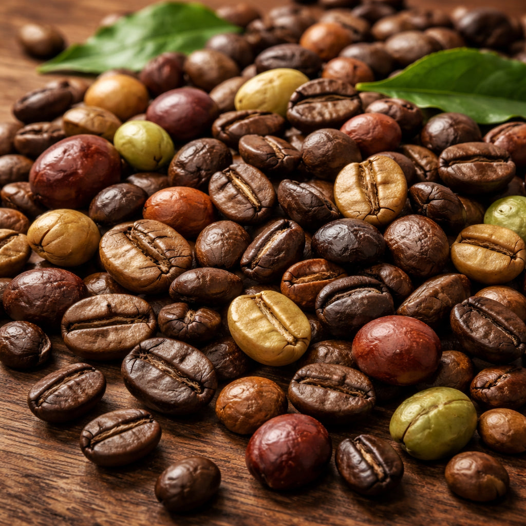 A photorealistic close‑up of assorted coffee beans on a wooden table, showing different colors and sizes, in Realism style, Alt: variety of tropical coffee beans