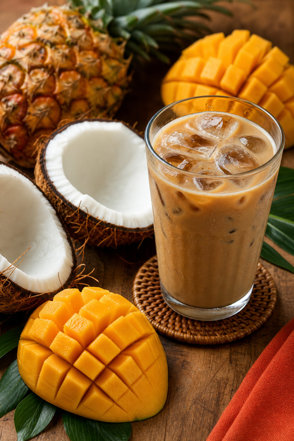 A photorealistic close-up of fresh tropical fruits like mango, pineapple, and coconut halves on a wooden table next to a glass of iced coffee. Alt: fresh tropical fruits for coffee flavor infusion