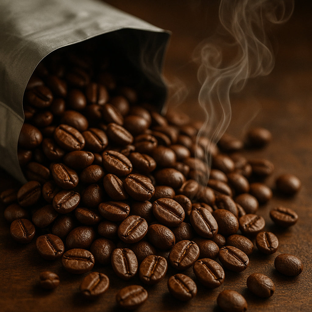 Close-up of freshly roasted espresso coffee beans spilling from a bag with an ethereal aroma swirl. Alt: Freshly roasted espresso coffee beans for espresso subscription flavor experience.