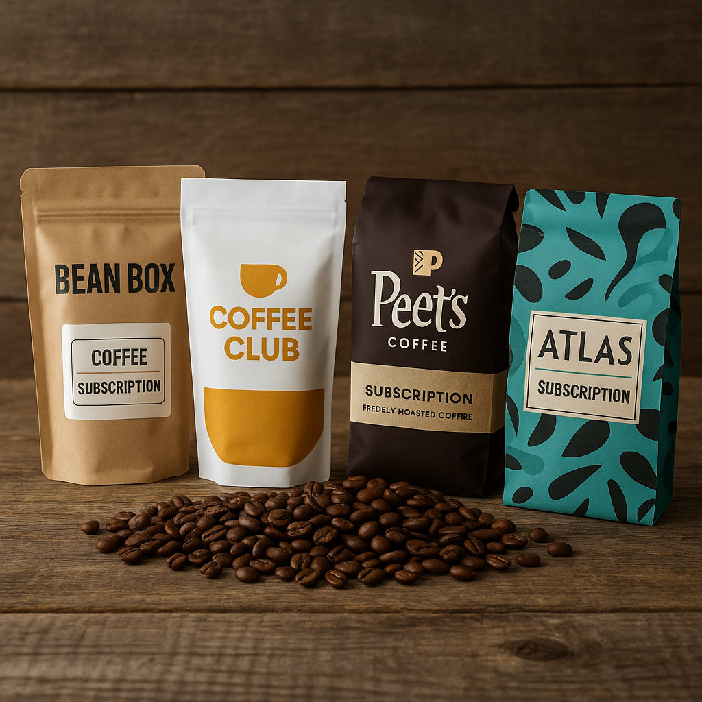 A variety of coffee subscription boxes lined up on a rustic wooden table, showcasing different packaging and branding. Alt: Best coffee subscription box options lined up, featuring diverse packaging and fresh roasted beans.