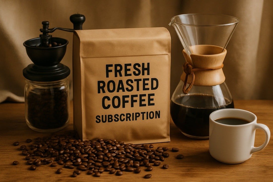 A cozy home setup with fresh roasted coffee beans, brewing equipment, and a subscription box. Alt: Fresh roasted coffee subscription box with brewing gear for a perfect cup.