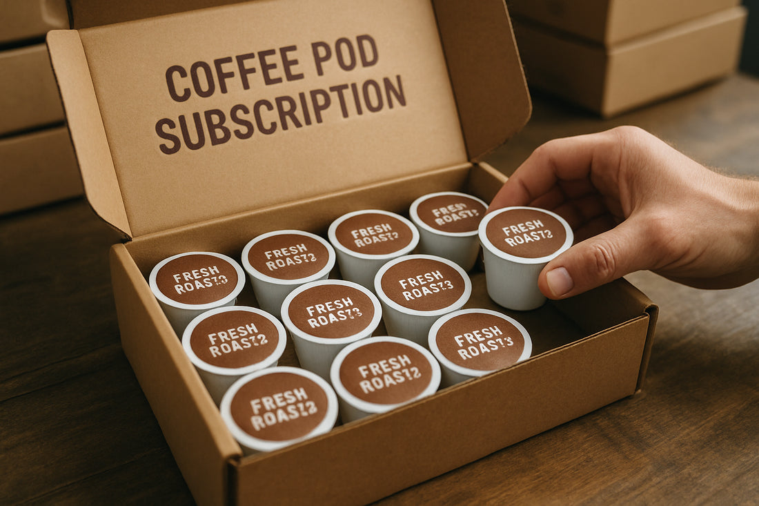 Fresh coffee pods being packed for subscription delivery. Alt: Coffee pod subscription box filled with fresh roasts.
