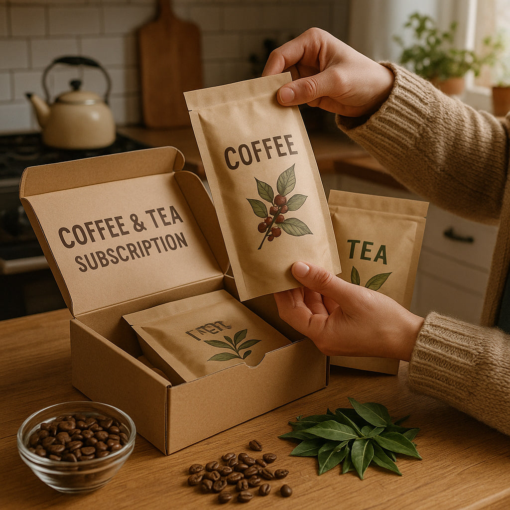 A cozy kitchen scene with a person unpacking their monthly coffee and tea subscription box. Alt: Coffee and tea subscription box being unboxed with fresh beans and leaves.
