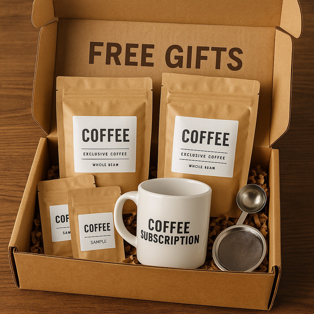 A close-up of a coffee subscription box with free gifts such as sample bags, a branded mug, and brewing accessories. Alt: coffee subscription free gift box with exclusive coffee beans and accessories.