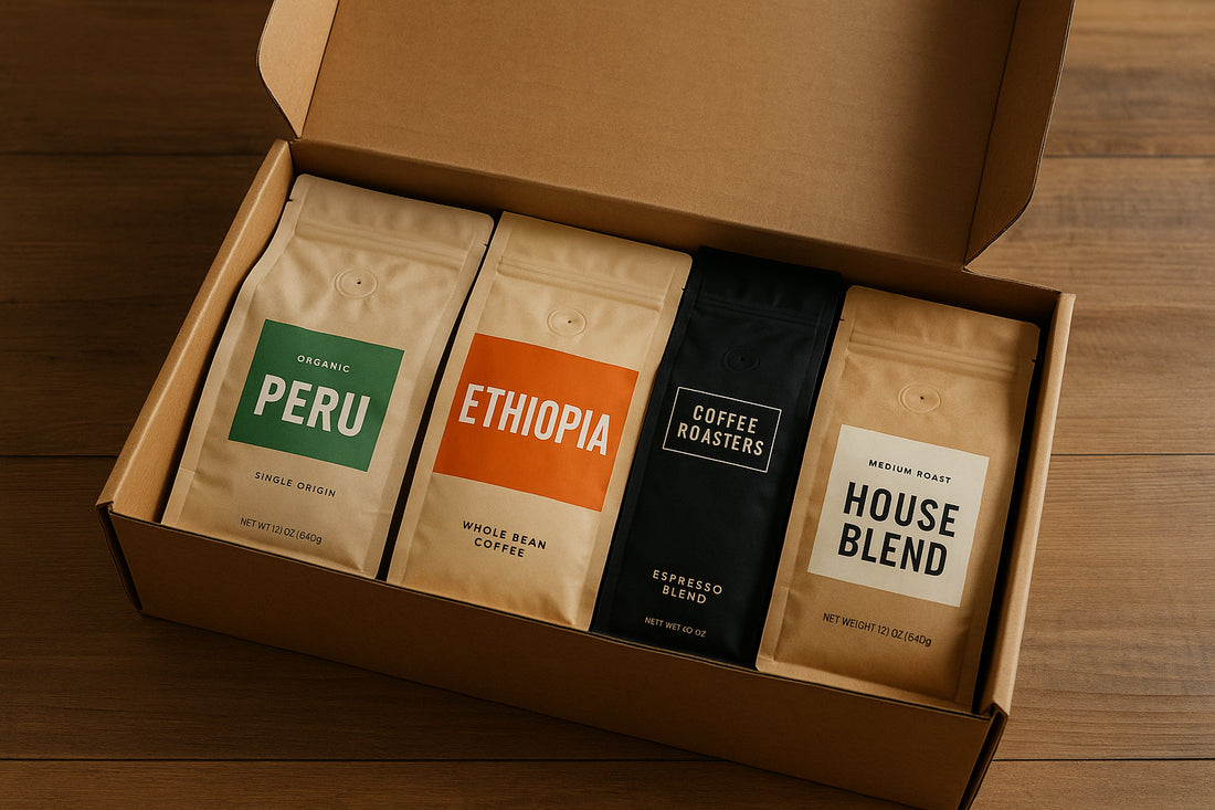 A coffee subscription box opened, showcasing various bags of coffee. Alt: Premium coffee subscription options displayed in an appealing box.