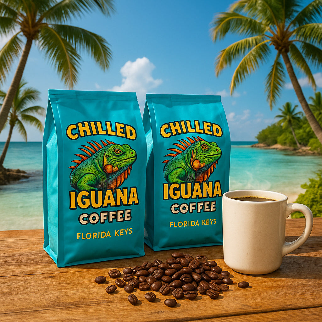 Tropical coastal Florida Keys coffee scene featuring vibrant iguana mascot branding on coffee bags. Alt: Where to buy chilled iguana coffee online with Florida Keys inspired branding fresh coffee bags.