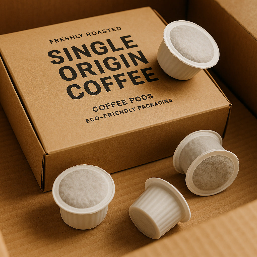Fresh roasted single origin coffee pods in eco-friendly packaging, ready for shipment. Alt: Fresh roasted single origin coffee pods for flavorful coffee brewing.