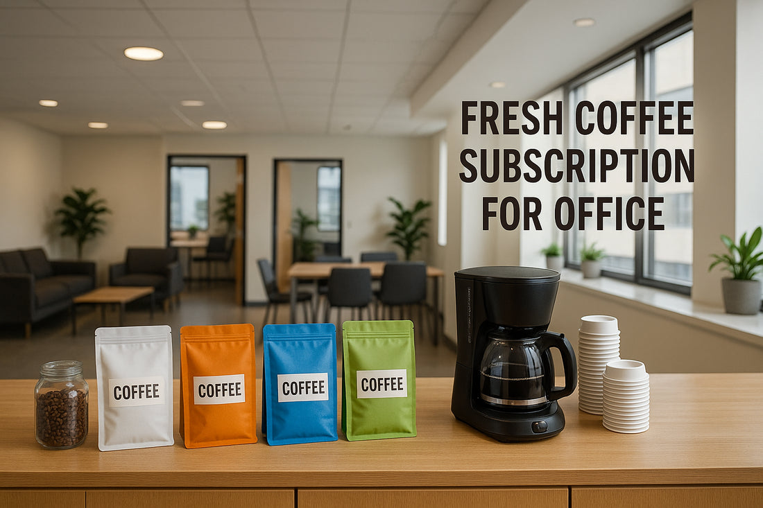An inviting corporate break room stocked with assorted coffee bags from an office coffee subscription. Alt: Fresh coffee subscription for office fueling workplace productivity.